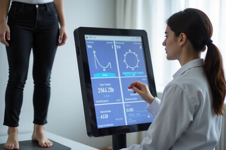 Proces analizy składu ciała na nowoczesnym urządzeniu z widocznymi wykresami i danymi