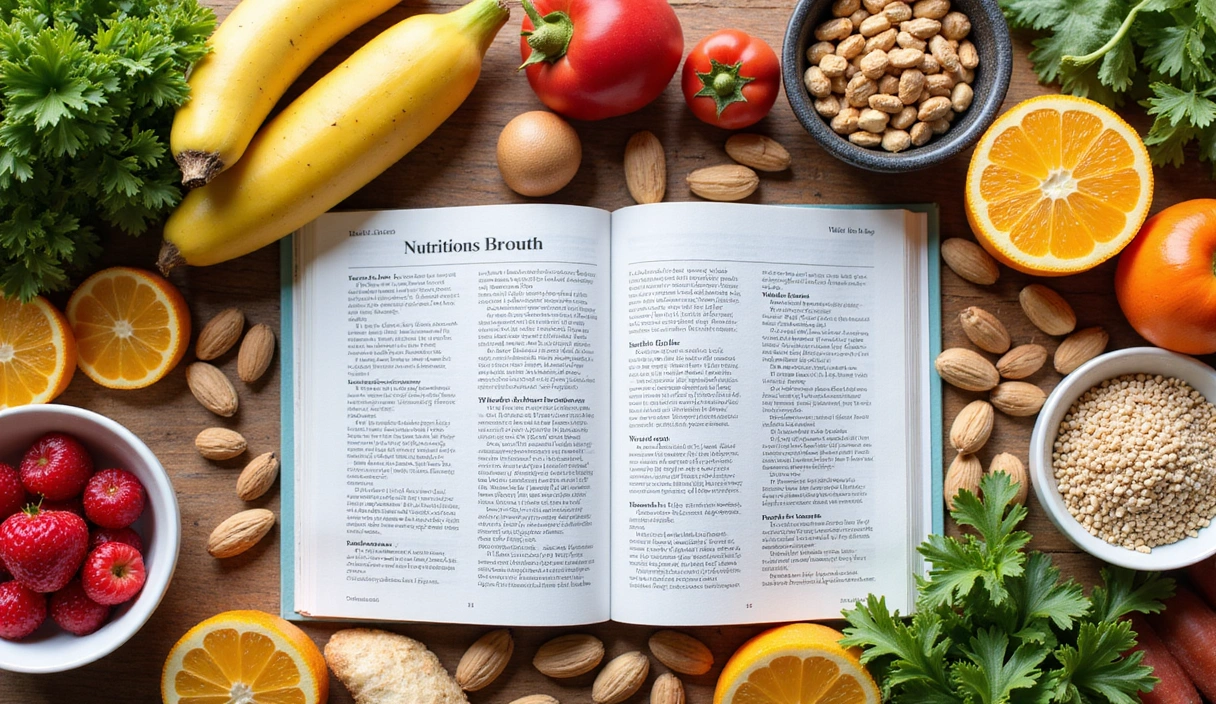 Różnorodne zdrowe jedzenie i książki o zdrowiu, symbolizujące wiedzę i praktyczne zastosowanie w diecie.