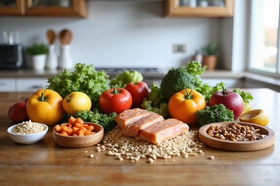 Zdjęcie przedstawiające świeże, zdrowe jedzenie na stole w kuchni