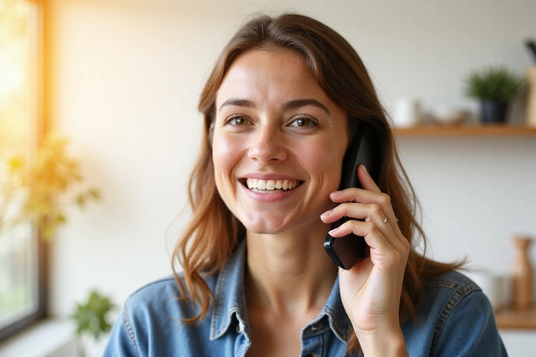 Osoba rozmawiająca przez telefon z uśmiechem, symbolizująca wsparcie i regularny kontakt.